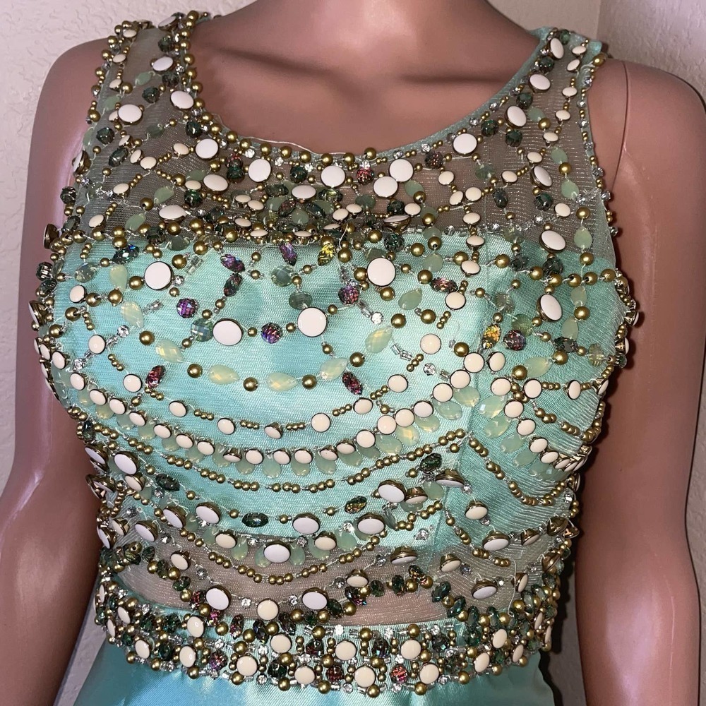 Vintage Rachel Allan dress maxi mermaid style beaded sea foam green SZ 2 formal - Picture 6 of 16